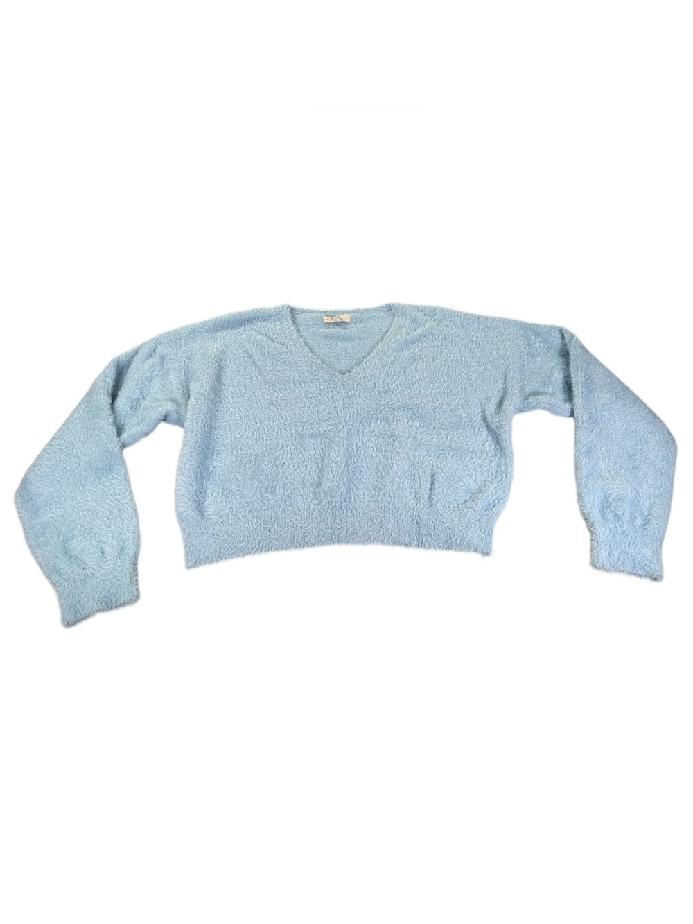 Chelsea & Violet Fuzzy Eyelash Knit Cropped Sweater Juniors M Baby Blue V Neck